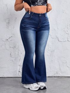 Women's Plus Size Denim Flared Pants Dark Wash    Denim Plain Flare Leg Medium Stretch  Women Plus Clothing, size features are:Bust: ,Length: ,Sleeve Length: Flare Denim Bottoms For Fall, Fall Denim Flare Bottoms, Red Denim Bottoms For Fall, Flared Denim Pants For Fall, Flare Denim Pants For Fall, Non-stretch Flare Jeans For Fall, Red High Rise Non-stretch Jeans, High Rise Red Denim Pants, Red Non-stretch High-rise Jeans