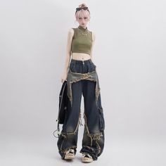 Gothic Grunge Style Cargo Baggy Jeans - Vedlit Hip Hop Vintage, Style Bleu, Large Pants, Jeans Outfits, Star Jeans, Pantalon Large, Mode Inspo, Baggy Jeans, Gotham