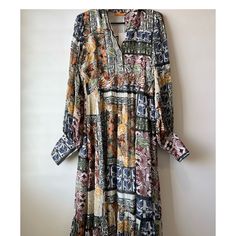 Oliphant Maxi Dress Size-Small Approx. 51.5”L Silk Long Sleeve Printed Midi Dress, Patterned Flowy Long Sleeve Midi Dress, Patterned Flowy Midi Dress With Long Sleeves, Bohemian Silk Midi Dress For Fall, Elegant Multicolor Tunic Maxi Dress, Spring Bohemian Maxi Shirt Dress, Long Sleeve Multicolor Silk Maxi Dress, Multicolor Silk Long Sleeve Maxi Dress, Printed Silk Long Sleeve Maxi Dress