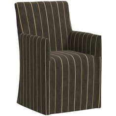 a chair that is upholstered with a striped fabric and has a brown stripe on it