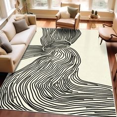 a living room area rug with black and white lines on it