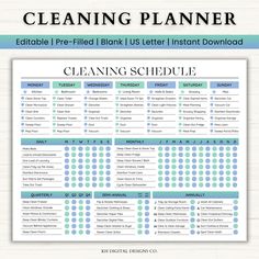 a cleaning schedule is shown with the words cleaning schedule written in blue and green on it