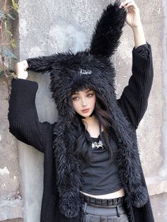 Black Punk Plush Bunny Ears Hat Goth Hats, Taobao Brands, Bunny Ears Hat, Fantasy Clothes, Punk Accessories, Black Punks, Option B, Silver Dragon, Cat Hat