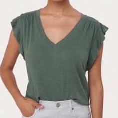 Nwt Ruffle Sleeve V-Neck Tee - Dark Sea Green Casual Green V-neck Short Sleeve Top, Green Relaxed Fit V-neck Top, Green V-neck Casual Top, Casual Green V-neck Top, Trendy Green V-neck Top, Casual V-neck Top For Spring, Casual Green V-neck Top With Relaxed Fit, Green Relaxed Fit V-neck Top Casual, Casual Solid Color V-neck Tops