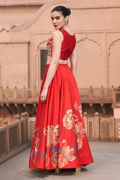 Red bemberg silk lehenga with floral digital printed motifs and sequins embroidery. Comes with a zari embroidered blouse. - Aza Fashions Floor-length Silk Choli With Floral Embroidery, Red Raw Silk Sets With Floral Embroidery, Red Floral Embroidered Raw Silk Sets, Red Floral Embroidery Raw Silk Set, Red Anarkali Lehenga With Floral Embroidery, Red Raw Silk Lehenga With Floral Embroidery, Red Lehenga With Floral Embroidery In Raw Silk, Red Raw Silk Choli With Floral Embroidery, Red Floral Embroidery Lehenga In Raw Silk