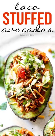 stuffed avocados with shredded cheese and other toppings