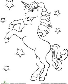 a unicorn with stars on it's head and tail, outlined in black ink