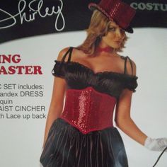 a woman wearing a red and black corset