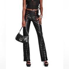 Never Worn Leather Pants Adjustable Lace Up Zipper At Wearers Left Side Lace Up Leather Pants, Lace Up Trousers, I Am Gia Pants, I Am Gia, Pants Color, Leather Material, Leather And Lace, Boot Cut, Pant Jumpsuit