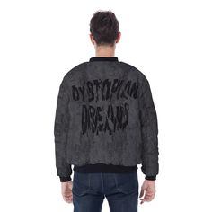 Designed to look like distressed, grungy denim with shattered text at the back that reads Dystopian Dreams. Add a little zing to your wardrobe with this new and improved design Bomber Jacket. Wear it over a basic t-shirt, or layer it on top of a warm hoodie -- it'll look great either way. With a relaxed unisex fit and sizes up to 5XL, this Bomber Jacket is just the stuff of the dreams, so be quick to grab yourself one! This jacket is a great addition to any Cyberpunk, Cybergoth or Cyber Academia Cotton Grunge Outerwear For Concerts, Edgy Letter Print Outerwear For Streetwear, Letter Print Denim Jacket For Streetwear In Winter, Black Grunge Denim Jacket For Streetwear, Punk Black Denim Jacket For Streetwear, Black Punk Denim Jacket For Streetwear, Black Distressed Punk Outerwear, Edgy Distressed Denim Jacket For Alternative Fashion, Edgy Distressed Washed Black Outerwear