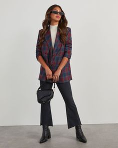 Warm up with this wear-now, versatile style. The Jettie Plaid Blazer comes double breasted in a slightly oversized fit with inner lining, faux flap pockets and front button closures. Wear it over knit tops and with jeans or a skirt. Slightly oversized Notched lapel Plaid print Faux flap pockets Button closures Self: 98% Polyester 2% Spandex, Lining: 100% Polyester Casual Double-breasted Blazer With Pockets, Notch Lapel Double-breasted Outerwear For Fall, Fall Outerwear With Double-breasted Button And Notch Lapel, Trendy Double Button Fall Blazer, Casual Double-breasted Blazer With Lapel Collar, Trendy Fall Blazer With Pockets, Casual Blazer With Lapel Collar And Double-breasted Buttons, Double-breasted Fall Outerwear With Flap Pockets, Double-breasted Outerwear With Flap Pockets For Fall