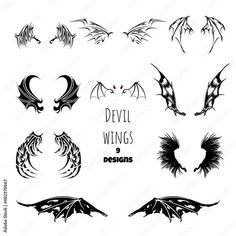 the devil wings design is shown in various styles and colors, including black on white