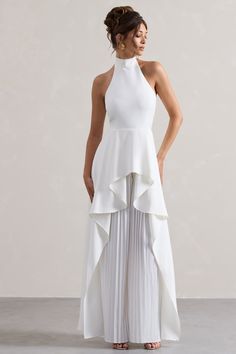 Ashwood | White Plisse High-Neck Cape Jumpsuit Statement Jumpsuit, Cape Jumpsuit, Midi Bridesmaid Dress, Cape Designs, Club L London, Black Dress Prom, Black Tie Gala, Tie Collar, Maternity Jumpsuit