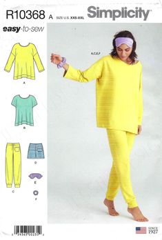 a woman in yellow pajamas and headbands is standing next to an easy to sew sewing pattern