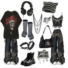 Edgethoth Outfit, Emo Band Shirt Outfits, Nirvana Concert Outfit, Grunge Outfits With Pants, Goth Fit Ideas, Emo Core Outfits, Mcr Inspired Outfits, Emo Outfit Board, Alt Outfits Ideas