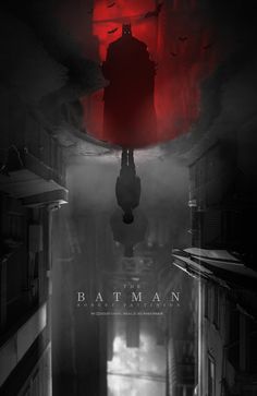 the dark knight rises movie poster with batman standing in an alley leading to a red light