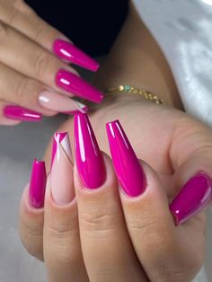 xl square shape nails Hot Pink Gel Acrylic Nails, Hot Pink Nails With Design Summer, Bright Pink Nails, Nail Color Trends, Hot Pink Nails, Coffin Shape Nails, Pink Nail, Pink Acrylic Nails