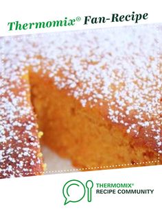 there is a piece of cake with powdered sugar on top and the words thermomiia fan - recipe below it