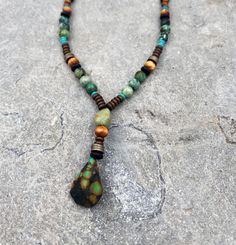 Men Beaded Necklace for Men, Gemstone Necklaces for Men, Turquoise Pendant Necklace, Y Blue Beaded Necklace, Gift for Him - Etsy Brown Turquoise Necklace With Natural Stones, Spiritual Style, Spiritual Chrysocolla Gemstone Beads Necklace, Southwestern Gemstone Beaded Necklaces For Healing, Chrysocolla Beaded Necklaces For Jewelry Making, Artisan Beaded Turquoise Chrysocolla Necklace, Artisan Handmade Chrysocolla Beaded Necklaces, Bohemian Chrysocolla Beaded Necklaces For Jewelry Making, Bohemian Brown Turquoise Necklace With Gemstone Beads, Bohemian Chrysocolla Round Bead Necklace