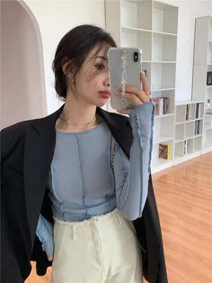 DETAILSMaterial: Cotton, PolyesterElasticity: High StretchCollar: O-NeckPattern Type: Solid Backless Long Sleeve Top, Blouse Korea, Korean Blouse, Slim Sweater, Stylish Sweaters, Basic Long Sleeve, Classic Pattern, Look Plus, Spring And Autumn