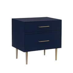 a blue nightstand with two drawers and gold handles on the bottom, against a white background