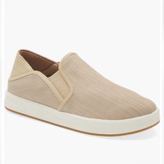 Olukai Ki‘ihele Women’s Slip-On Sneakers New Without Tags Or Box Size 7.5 Beige Leather Upper Slip-ons With Rubber Sole, Spring Beige Slip-on Sneakers With Rubber Sole, Beige Slip-on Sneakers For Everyday, Beige Synthetic Slip-ons With Textured Sole, Summer Leather Low-top Slip-on Sneakers, Leather Low-top Slip-on Sneakers For Summer, Casual Beige Synthetic Slip-on Sneakers, Beige Slip-on Sneakers With Textured Sole For Summer, Summer Low-top Walking Shoes With Branded Insole