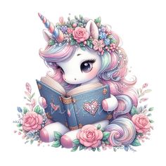 a unicorn reading a book with flowers around it