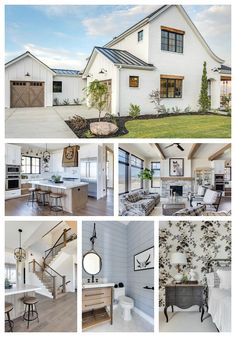 a collage of photos showing the interior and exterior of a house with white walls