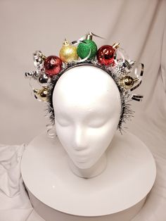 Christmas ornament headpiece made with silver ribbon and garland. Perfect for ugly sweater party, holiday celebration! Be the highlight of the party with this simply fun Christmas accessory. Novelty Christmas Party Headband, Adjustable Headband For Holiday Festivities, Festive Christmas Headband, Christmas Festive Headband Headpiece, Christmas Party Adjustable Hair Accessories, Whimsical Christmas Party Headband, Zephyr Cove, Colorful Ornaments, Holiday Headbands