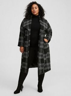 FIT Model is 5'10” wearing size 2. Measures 48” from shoulder (size 2). Trench coat silhouette. MATERIALS + CARE Boucle knit fabric. . 90% polyester, 10% wool. Machine wash cold. Line dry. . Imported. DETAILS Collared neckline. Waist tie. . Long sleeves. The best plus size women's boucle drape front trench coat coats in black plaid made of boucle. Torrid is your destination for cozy fall and winter clothes to keep you warm and comfortable. Boucle Knit, Chic Winter Outfits, Fall Wear, Plus Size Outerwear, Fitted Wedding Dress, Plus Size Coats, Trench Coat Black, Feel Pretty, Winter Clothes