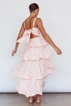 Shop the Provence Bloom Tiered Midi Dress Floral Orange | Selfie Leslie Senior Cotillion Dress, Tiered Satin Dress, Pastel Pink Sundress, Spring Wedding Guest Dress Floral, Floral Tiered Prom Dress, White And Floral Dress, Cottagecore Dresses Formal, Floral Ruffle Prom Dress, Sorority Spring Formal Dress