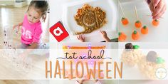 a collage of photos with the words tot school halloween written in orange letters