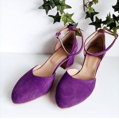 "❣ PRODUCT DESCRIPTION ♥Purple Suede Ankle Strap Pumps♥ Handmade to order premium purple suede leather shoes. Add a bit of color to ensembles in need of a boost! Handcrafted in Greece This pair of suede pumps is handmade and is the perfect gift for women to attend certain events. We made these block mid-heeled shoes using premium suede leather to ensure the high quality of these shoes that you'll want to be with at every event. This pair of ankle strap pumps are durable, long-lasting, high quali Purple Block Heel Shoes With Heel Strap, Purple Low Heel Shoes With Strap, Purple Low Heel Heels With Heel Strap, Purple Block Heels With Heel Strap, Purple Heels With Heel Strap And Round Toe, Purple Closed Toe Heels With Heel Strap, Purple Closed Toe Heels With Strap, Purple Heels With Ankle Strap And Heel Strap, Purple Heels With Ankle And Heel Strap