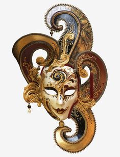 a masquerade mask with intricate designs and tassels on the side, isolated against a white background