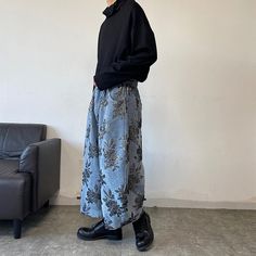 Embroidered Wide Leg Streetwear Pants, Baggy Embroidered Pants For Spring, Baggy Embroidered Bottoms For Spring, Embroidered Wide Leg Pants For Streetwear, Embroidered Baggy Bottoms For Spring, Spring Embroidered Baggy Bottoms, Spring Embroidered Loose Fit Pants, Spring Embroidered Baggy Pants, Embroidered Relaxed Fit Bottoms For Streetwear