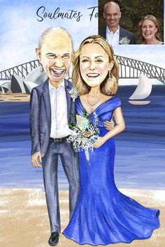 a caricature of two people standing next to each other in front of the water