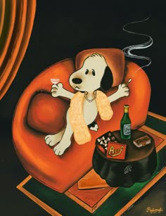 a painting of a dog sitting on an orange couch next to a bottle of beer