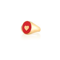 The IVY ENAMEL HEART SIGNET RING features cherry red enamel with a dainty accent heart in the center. Ring measures 14mm in height and is available in ring size 7. Please allow 5-7 business days for this style to ship. Gold Enamel Heart Ring For Anniversary, Gold Heart-shaped Enamel Ring For Anniversary, Valentine's Day Yellow Gold Enamel Rings, Gold Heart-shaped Enamel Rings, Heart-shaped Enamel Ring For Anniversary, Yellow Gold Enamel Ring For Valentine's Day Gift, Enamel Heart Shaped Promise Ring, Valentine's Day Gift: Yellow Gold Enamel Ring, Valentine's Day Gift Yellow Gold Enamel Ring