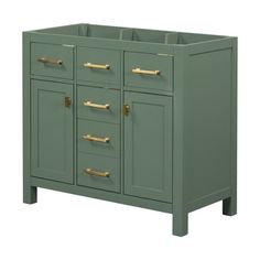 a green cabinet with gold handles and drawers on the bottom, in front of a white background