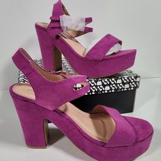 Primadonna Collection 4in Sandal Heels In A Fushia Suede Microfiber. Size 39. New In Box. 24003 Mi Purple Block Heels With Stacked Heel, Purple Heels With Stacked Block Heel, Pink Open Heel Stacked Heels, Purple Platform Heels With Synthetic Material, Purple Sandals With 4-inch Heel And Open Heel, Pink Stacked Heel Evening Heels, Purple Block Heel Shoes With Heel Strap, Purple Synthetic Platform Heels, Purple Block Heels With Heel Strap