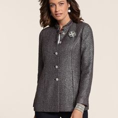 Chico's Metallic Tweed Silver Polyester Cotton Jacket Size: 1 The Longer Tweed Jacket With Metallic Shine For Modern Appeal. Taking Sophistication To Chic New Heights. Shoulder 17" Bust 21" Length 27" Hand Pockets. Subtle Shoulder Pads. Length: 28" To 29". 84% Polyester, 8% Cotton, 4% Rayon, 4% Nylon. Hand Wash. Imported. Elegant Tweed Outerwear With Button Closure, Silver Winter Formal Blazer, Silver Formal Blazer For Winter, Elegant Silver Blazer For Workwear, Elegant Silver Blazer For Work, Silver Winter Outerwear For Work, Silver Outerwear For Formal Fall Occasions, Silver Winter Outerwear For Formal Occasions, Formal Silver Outerwear For Fall Season