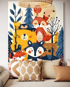 an animal themed wallpaper in a living room