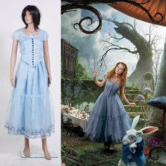 a woman in a blue dress next to an image of a rabbit dressed as alice