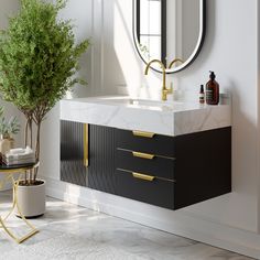 a bathroom with a sink, mirror and plant in the corner on the side table