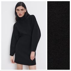 Nwt. Zara Black Knit Mini Dress With Gathered Waist, Long Sleeves High Neckline, Elastic Waistband And A Flared Hem, Back Zipper Closure. Size L. Ref. 6254/004. Pit To Pit 20" Flat, Sleeves From Neckline 28,5", Waist 12,5", Length 36". F Black Stretch Sweater Dress For Work, Black Sweater Dress For Winter Evenings, Black Sweater Dress For Evening In Winter, Black Winter Evening Sweater Dress, Black Midi Length Sweater Dress For Work, Black Sweater Dress For Winter Workwear, Black Sweater Dress For Work In Winter, Black Knee-length Sweater Dress For Evening, Black Bodycon Sweater Dress For Spring