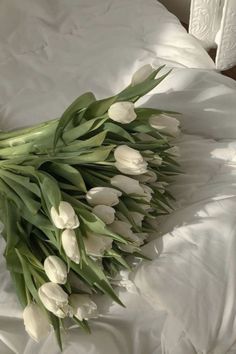 a bouquet of white tulips laying on top of a bed with the stems still attached