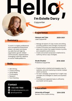 a professional resume with orange accents