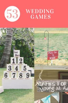 the wedding games are on display in front of some trees and lawn chairs with red, white