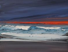 an oil painting of the ocean at sunset