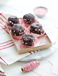 chocolate cupcakes with sprinkles are on a plate next to twine